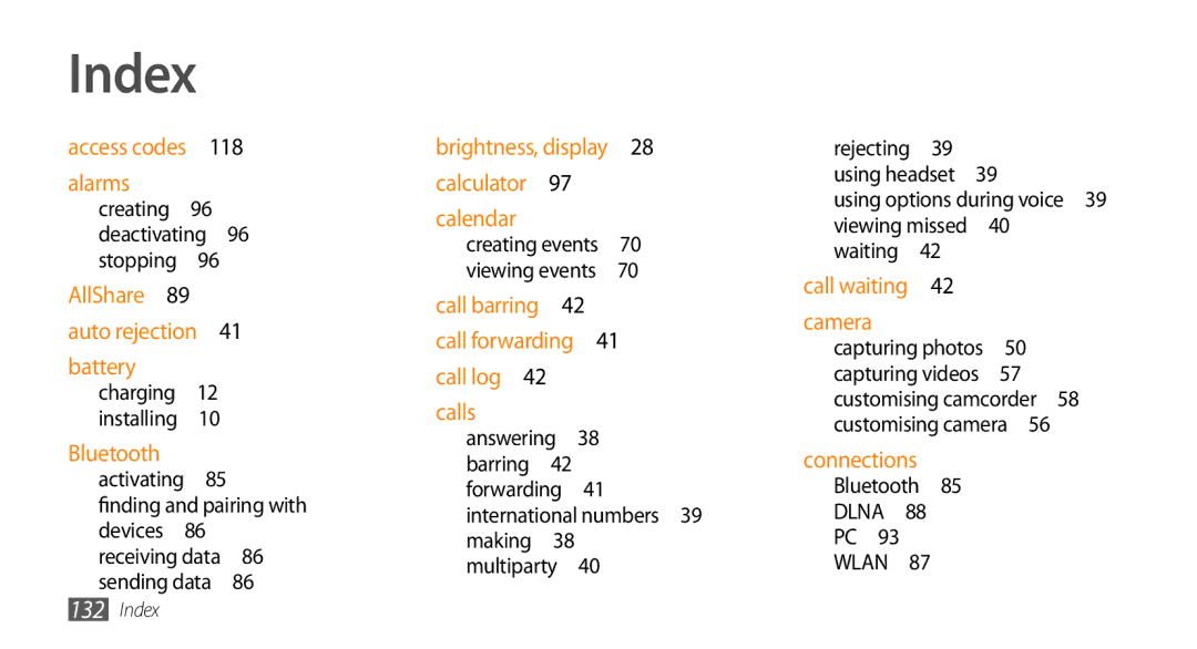 Samsung GT-I9010XKADBT manual Index, Using options during voice 39 viewing missed 40 waiting , Bluetooth DLNA PC WLAN  